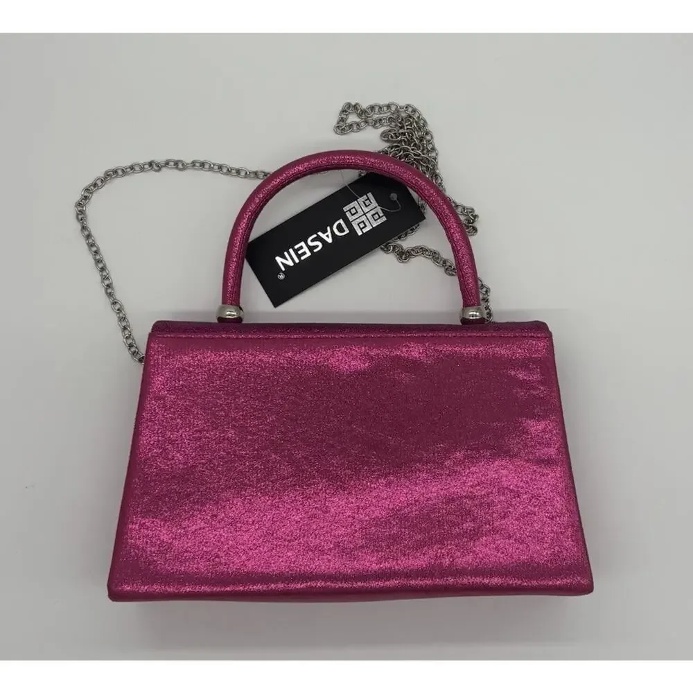 Dasein Women’s Pink Glitter Top Handle Clutch, Silver Chain, Detachable, Lined
